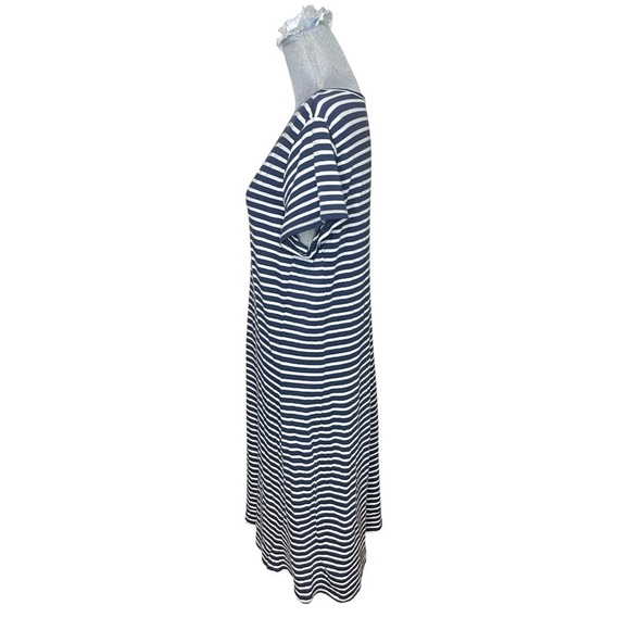 Toad & Co Muse Dress Size L Organic Cotton Midi Navy Blue Striped Pocket - Picture 2 of 7